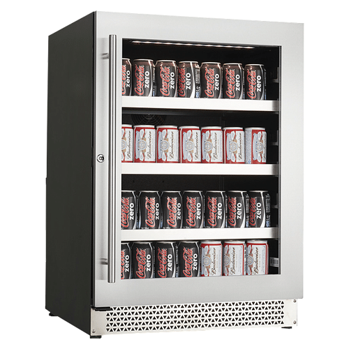 A CAVAVIN 24” beverage center 126 cans & 6 bottles capacity with a lot of cans in it.