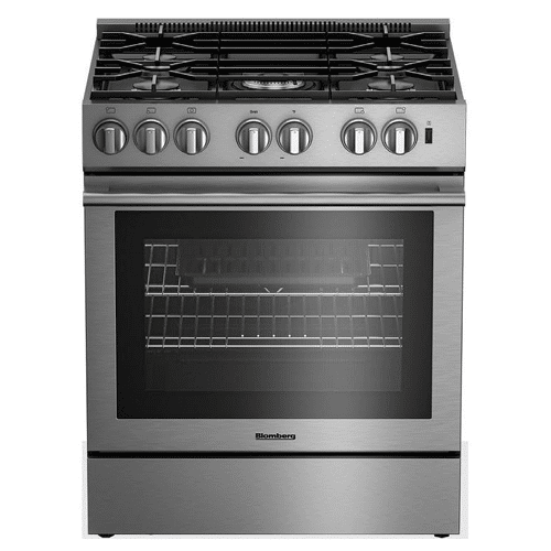 A stainless steel oven with four burners, featuring the BLOMBERG 30” wide, Gas Ranges design suitable for Gas Ranges.