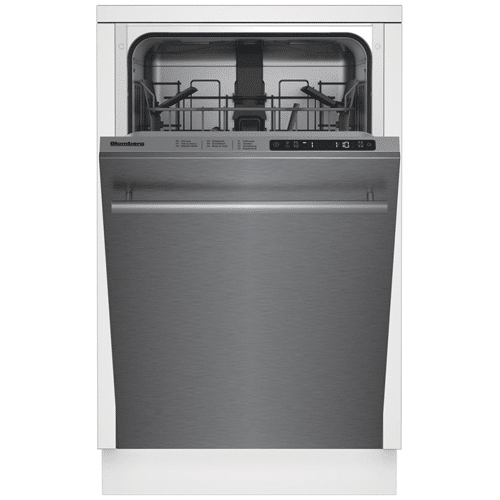 A BLOMBERG 18" wide, Standard Tub stainless steel dishwasher on a white background.