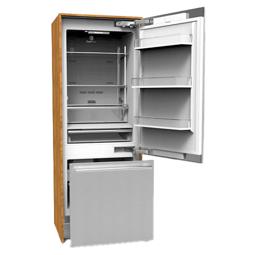 A BLOMBERG 16.4 cu.ft., Fully Integrated Refrigeration with the door open on a white background.