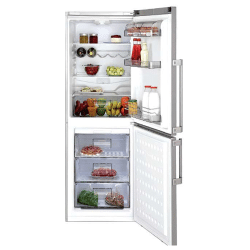 A BLOMBERG 11.35 cu.ft., Free-Standing Bottom Freezer refrigerator with the door open on a white background.
