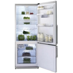 A BLOMBERG 16.79 cu.ft., Free-Standing Bottom Freezer refrigerator with a door open and vegetables inside.