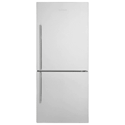 A white BLOMBERG 16.2 cu.ft., Free-Standing Bottom Freezer refrigerator freezer against a white background.