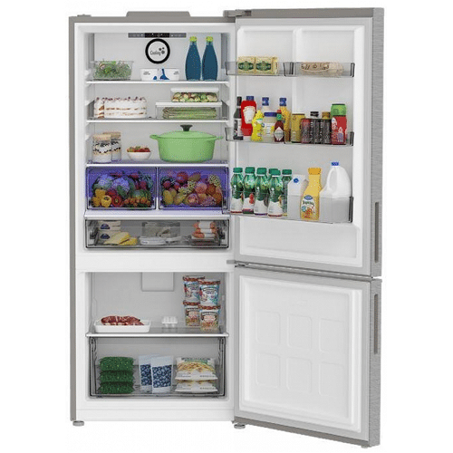 A BLOMBERG 16.1 cu.ft., Free-Standing Bottom Freezer refrigerator with an open door and a lot of food in it.