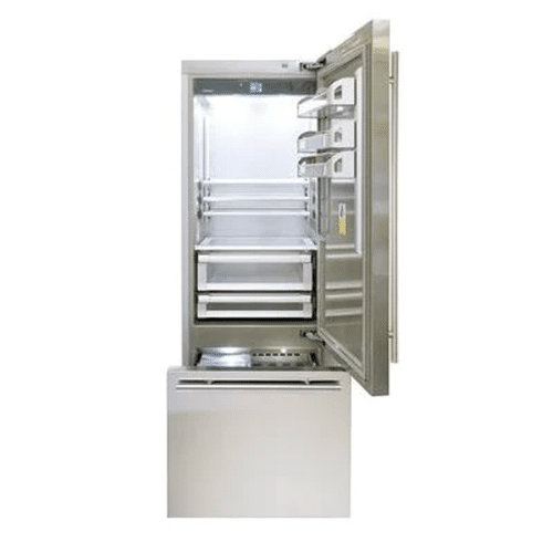 The FHIABA 30” SS Professional Fridge and Freezer, with its stainless steel construction, showcases a door open.