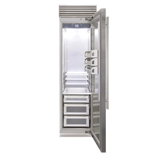 A FHIABA 24” SS Professional column refrigerator with a door open on a white background.