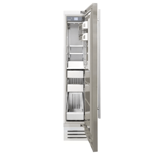 A refrigerator with a FHIABA 18” 3 drawer, SS column freezer open on a white background.