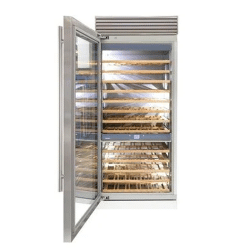 The FHIABA 36” stainless Professional Wine Cellar, featuring a door open, is the perfect wine cooler for your collection.