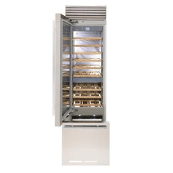 A stainless steel refrigerator with a door open, featuring the FHIABA 24” SS Wine Cellar with Bottom Freezer.
