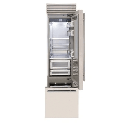 A FHIABA 24” SS Professional Fridge and Freezer with the door open on a white background. The FHIABA 24” SS Professional Fridge and Freezer is depicted with the door open on a white background.