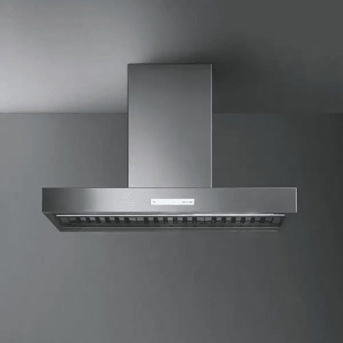 The FALMEC 30” NRS Wall hood, a sleek stainless steel range hood, adds a touch of modernity to the elegant grey room.