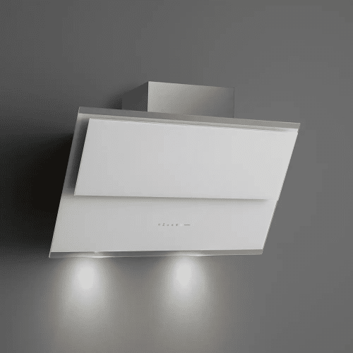 An image of the FALMEC 36”/90cm Verso White glass Inclined Wall Hood with floating glass filter cover on a grey wall.