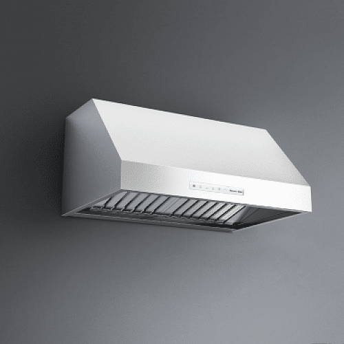 A FALMEC 30” NRS Wall hood, featuring a sleek white design, perfectly mounted on a stylish gray wall.