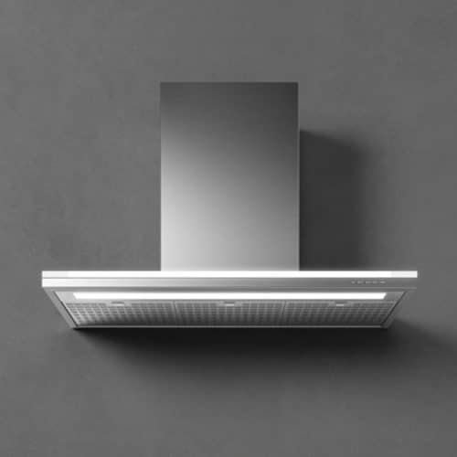 The FALMEC 36” NRS Wall hood, a stainless steel range hood, beautifully complements the gray wall.