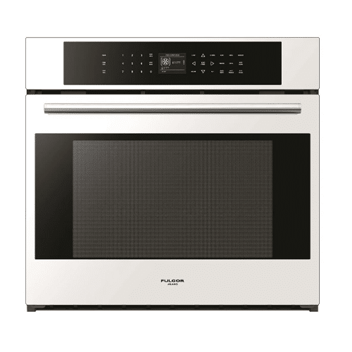 A white microwave oven with a black door, featuring the FULGOR 30" WALL OVENS - SINGLE.