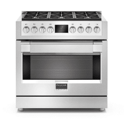 A FULGOR 36" PRO RANGES - SOFIA stainless steel oven with two ovens and two burners.