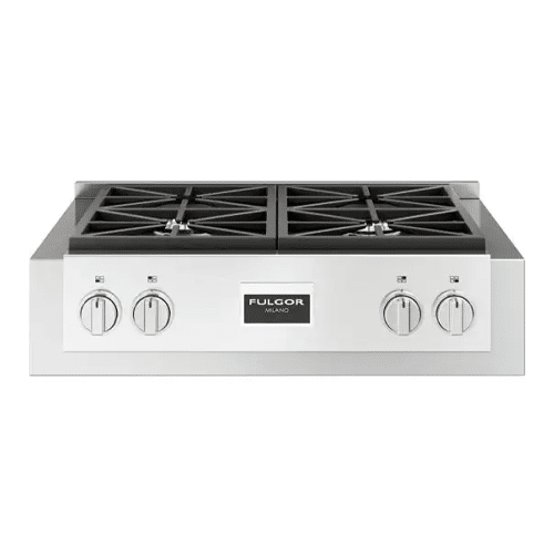The FULGOR 30" PRO RANGE TOPS - SOFIA is a stainless steel gas cooktop with four burners.