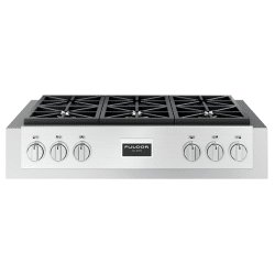 A FULGOR 36" PRO RANGE TOPS - SOFIA stainless steel stove top with four burners.