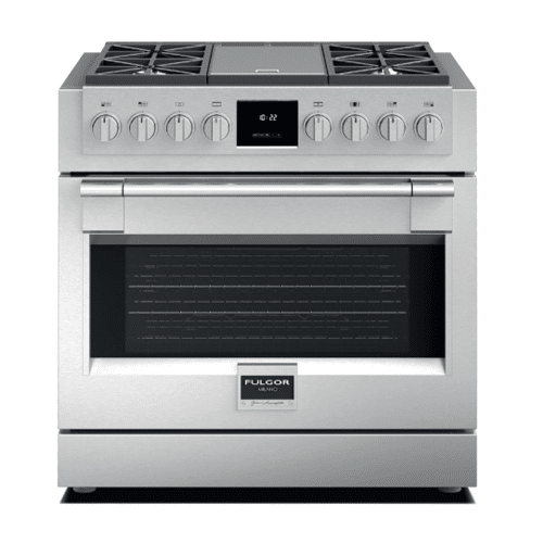 The FULGOR 36" PRO RANGES - SOFIA is a stainless steel oven with two burners and two ovens.