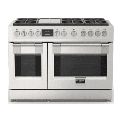 FULGOR 48" PRO RANGES - SOFIA: A stainless steel stove with two ovens and two burners.