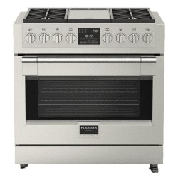 The FULGOR 36" PRO RANGES - SOFIA is a stainless steel oven with four burners and two ovens.